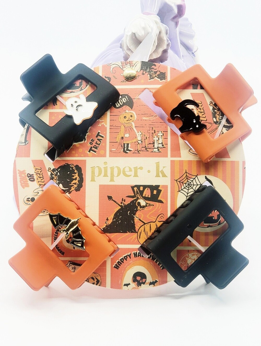 Piper•K Orange & Black Halloween Square Hair Clips with Enamel Charms